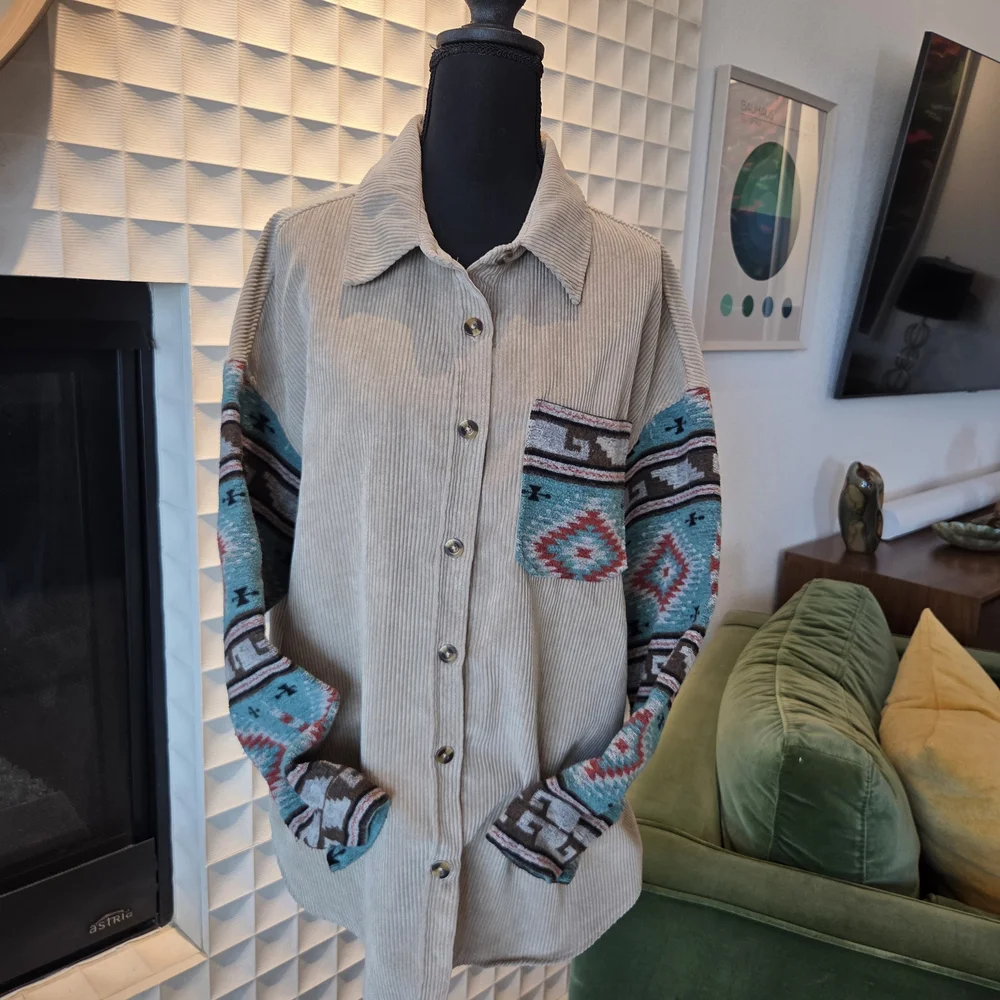 BKE Beige / Tan Corduroy Button Down Shacket Shirt Aztec Accents Size Large - Picture 1 of 9